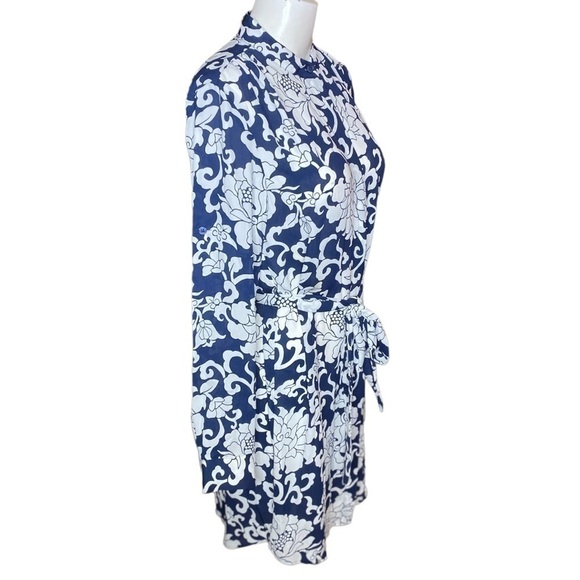 Banana Republic Navy Blue White Floral Tie Waist Dress Long Sleeve size 2 - Picture 4 of 12